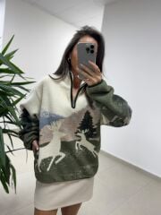 Mz 22365 Geyik Desenli Polar Sweat