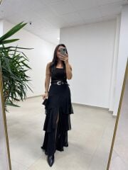 Rn 37219 Kat Kat Şifon Kemerli Siyah Etek