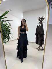 Rn 37219 Kat Kat Şifon Kemerli Siyah Etek