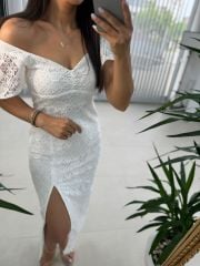 My 3423 Kalp Yaka Beyaz Dantel Elbise