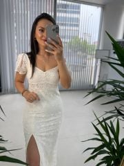 My 3423 Kalp Yaka Beyaz Dantel Elbise