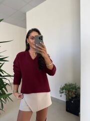 Dv 10645 Bordo V Yaka Yumoş Triko