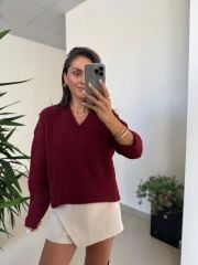 Dv 10645 Bordo V Yaka Yumoş Triko