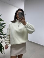 Mz 22797 Dik Yaka Ekru Peluş Sweat