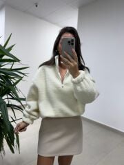 Mz 22797 Dik Yaka Ekru Peluş Sweat