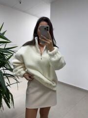 Mz 22797 Dik Yaka Ekru Peluş Sweat