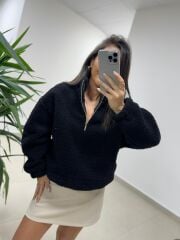 Mz 22797 Dik Yaka Siyah Peluş Sweat