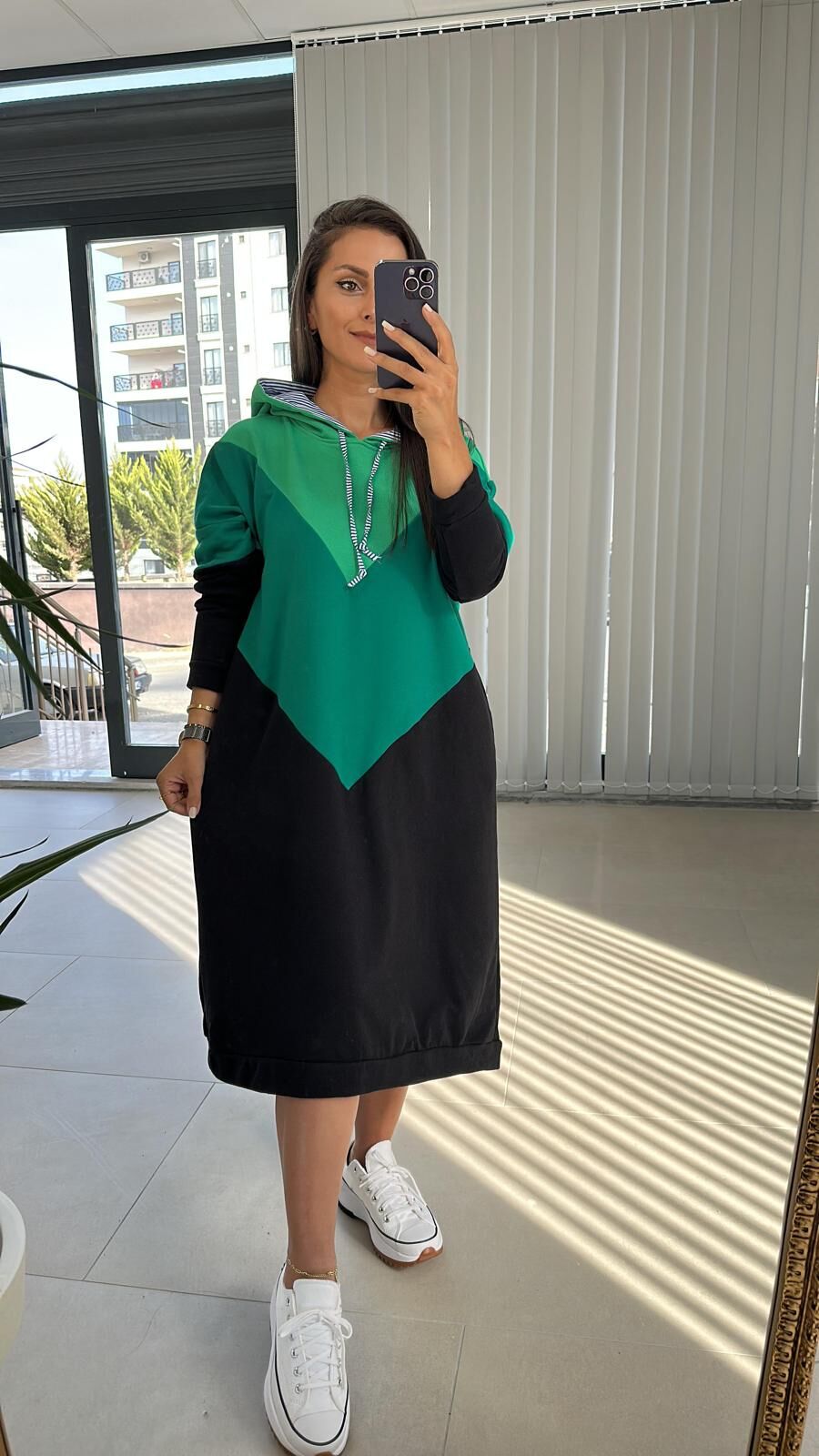 Dr Kapüşonlu Yeşil Sweat Elbise