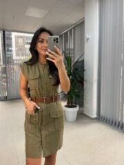 Fw 8100 Haki Kemerli Gömlek Elbise