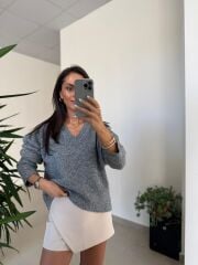 Dv 10645 Gri V Yaka Yumoş Triko