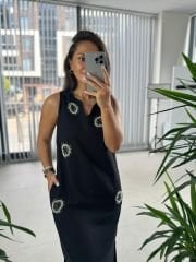 Ms Boncuk Detaylı Pamuk Keten Siyah Elbise