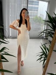 My 3423 Kalp Yaka Krem Dantel Elbise