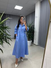 Dr 8258 Tasarım Bel Büzgülü Mavi Elbise