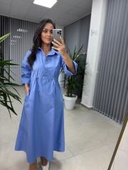 Dr 8258 Tasarım Bel Büzgülü Mavi Elbise