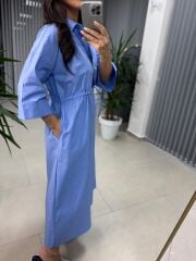 Dr 8258 Tasarım Bel Büzgülü Mavi Elbise