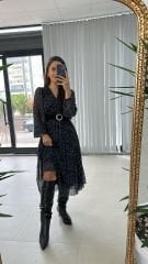 Mein 3286 Polka Dot Schwarzes Chiffonkleid