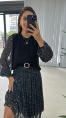 Mein 3286 Polka Dot Schwarzes Chiffonkleid