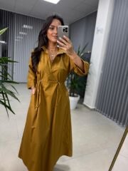 Dr 8258 Tasarım Bel Büzgülü Hardal Elbise