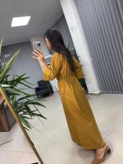 Dr 8258 Tasarım Bel Büzgülü Hardal Elbise