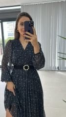 Mein 3286 Polka Dot Schwarzes Chiffonkleid