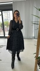 My 3286 Puantiyeli Siyah Şifon Elbise