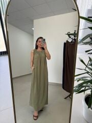 Fp 3213 Omuzdan Bağlamalı Haki Tensel Elbise