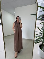 Fp 3213 Omuzdan Bağlamalı Kahve Tensel Elbise