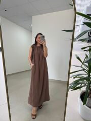 Fp 3213 Omuzdan Bağlamalı Kahve Tensel Elbise