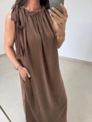 Fp 3213 Omuzdan Bağlamalı Kahve Tensel Elbise