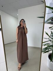 Fp 3213 Omuzdan Bağlamalı Kahve Tensel Elbise