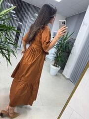 Dr 8288 Tasarım Kahve Beyaz Şeritli Elbise