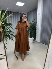 Dr 8288 Tasarım Kahve Beyaz Şeritli Elbise