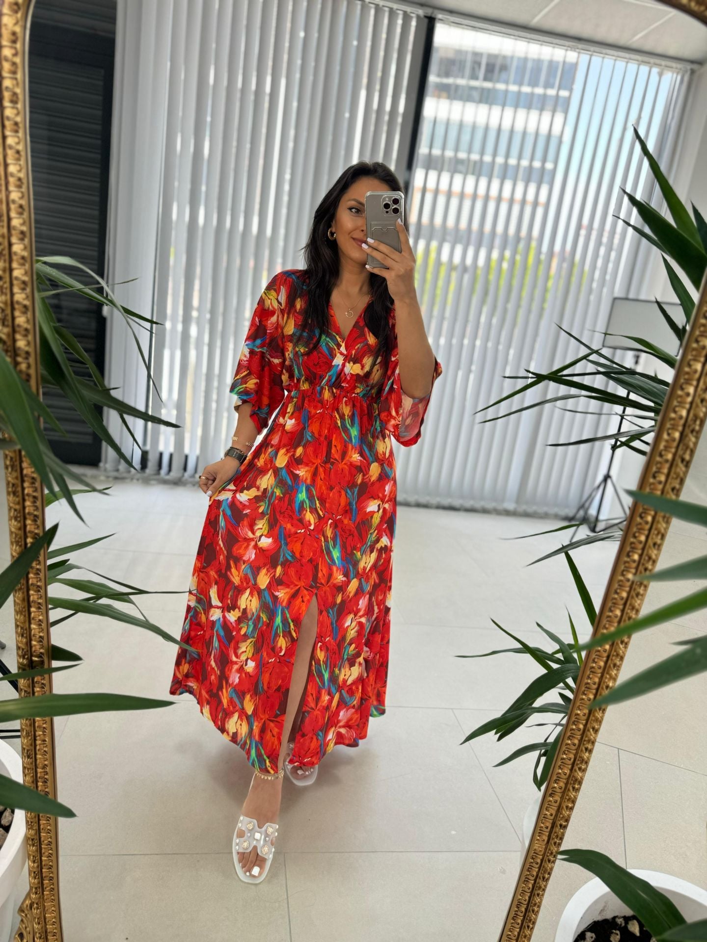 My 3154 Turuncu Zambak Desenli Elbise