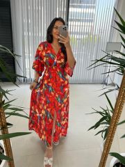 My 3154 Turuncu Zambak Desenli Elbise