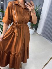 Dr 8288 Tasarım Kahve Beyaz Şeritli Elbise