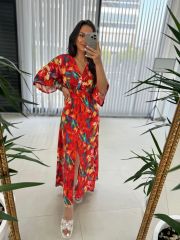 My 3154 Turuncu Zambak Desenli Elbise