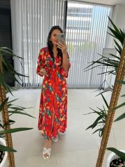 My 3154 Turuncu Zambak Desenli Elbise