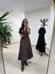 Ms 165 Kahve Poplin Cep Detaylı Elbise