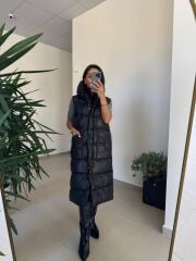 Bd Kapüşonlu Siyah Uzun Şişme Yelek