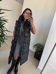 Bd Kapüşonlu Siyah Uzun Şişme Yelek