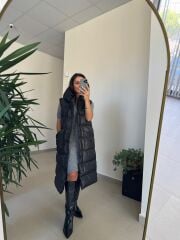 Bd Kapüşonlu Siyah Uzun Şişme Yelek