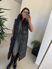 Bd Kapüşonlu Siyah Uzun Şişme Yelek