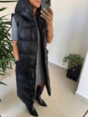 Bd Kapüşonlu Siyah Uzun Şişme Yelek