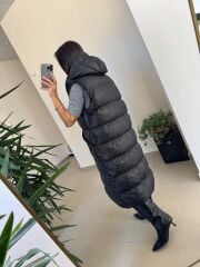 Bd Kapüşonlu Siyah Uzun Şişme Yelek