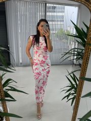 My 3403 Vatkalı Pembe Geçişli Kalem Elbise