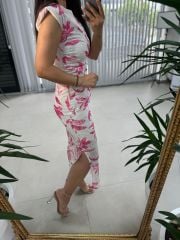 My 3403 Vatkalı Pembe Geçişli Kalem Elbise