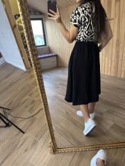 Floş keten kruvaze midi elbise