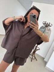 Fp 51036 Premium Pamuk Keten Kemerli Kahve Takım
