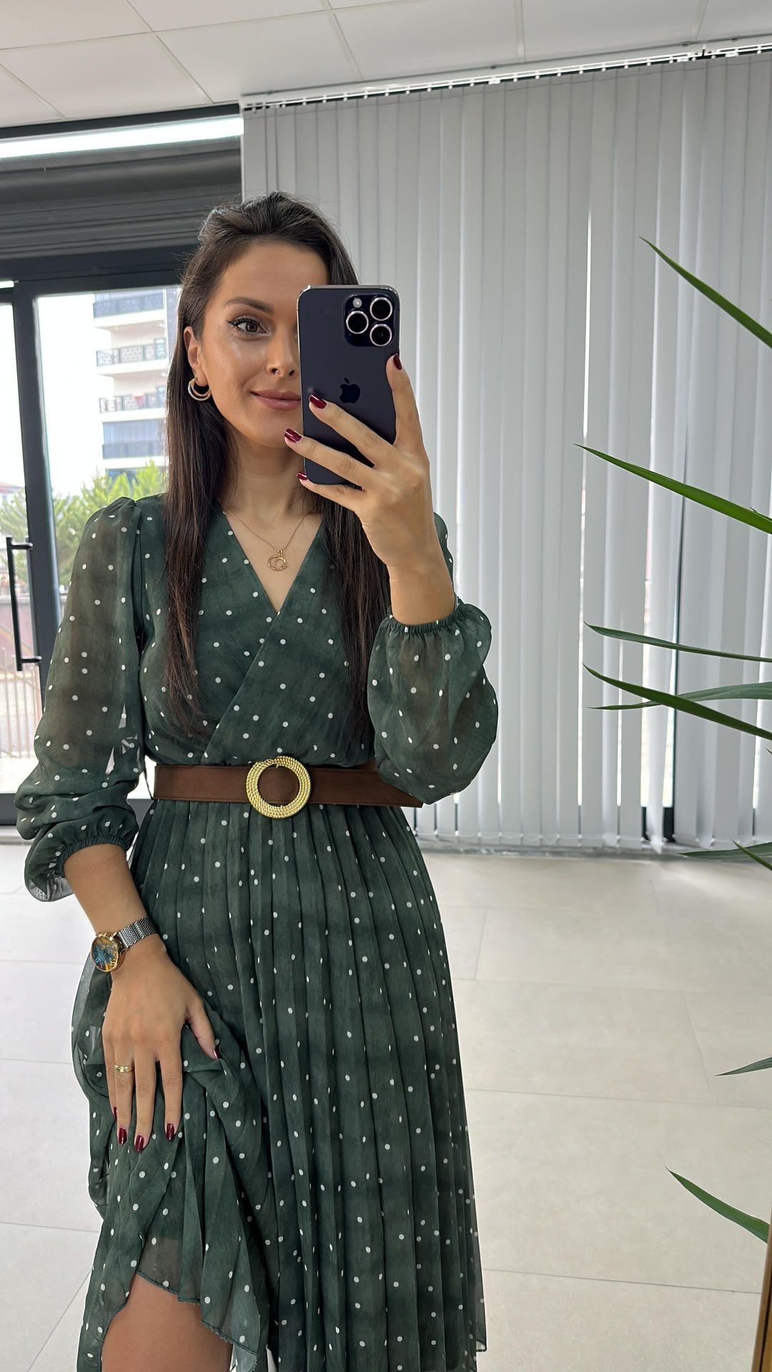 My 3286 Puantiyeli Yeşil Şifon Elbise