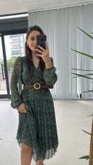 Mein 3286 Polka Dot Grünes Chiffonkleid